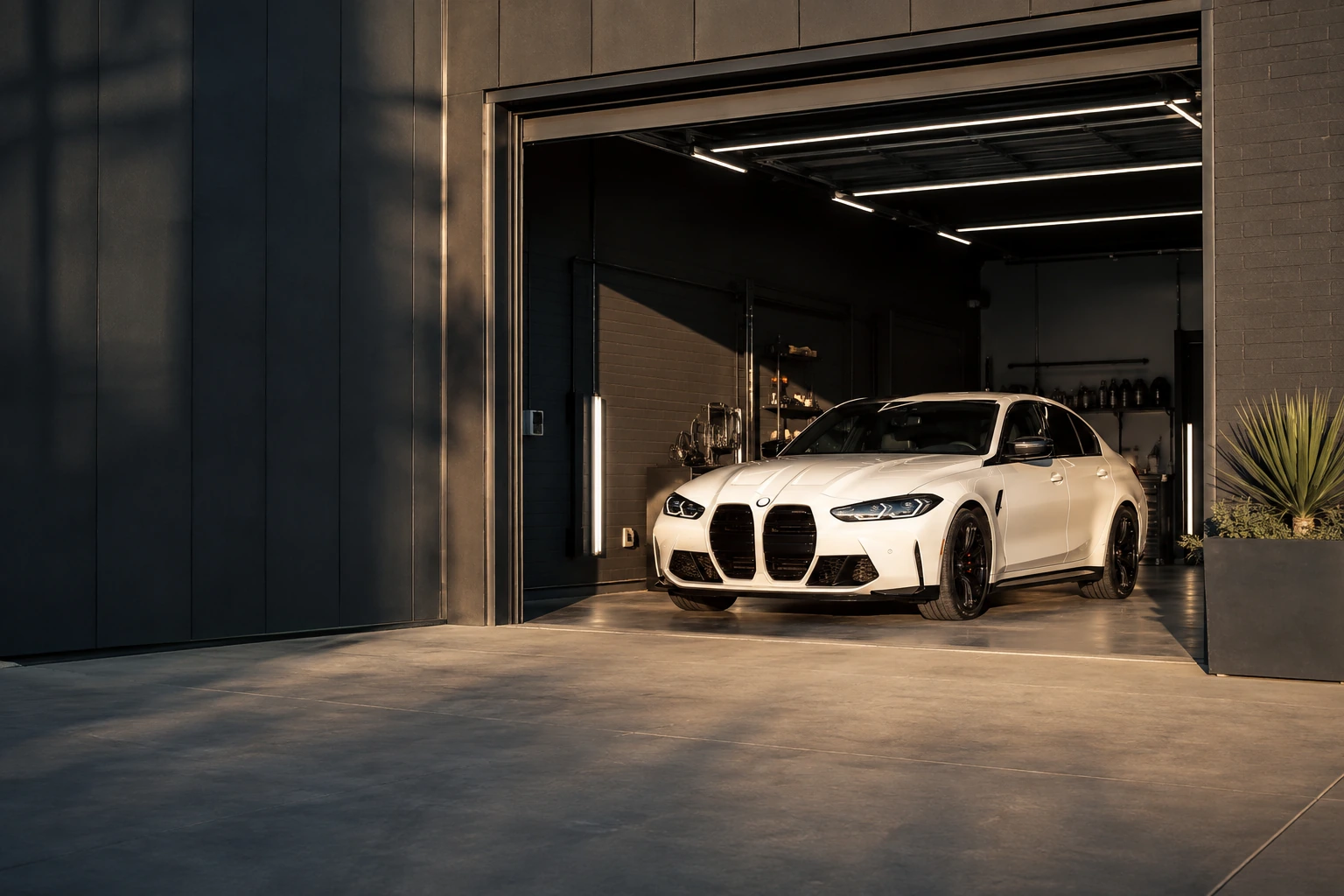 A white sport sedan inside the open bay of a contemporary window-film studio