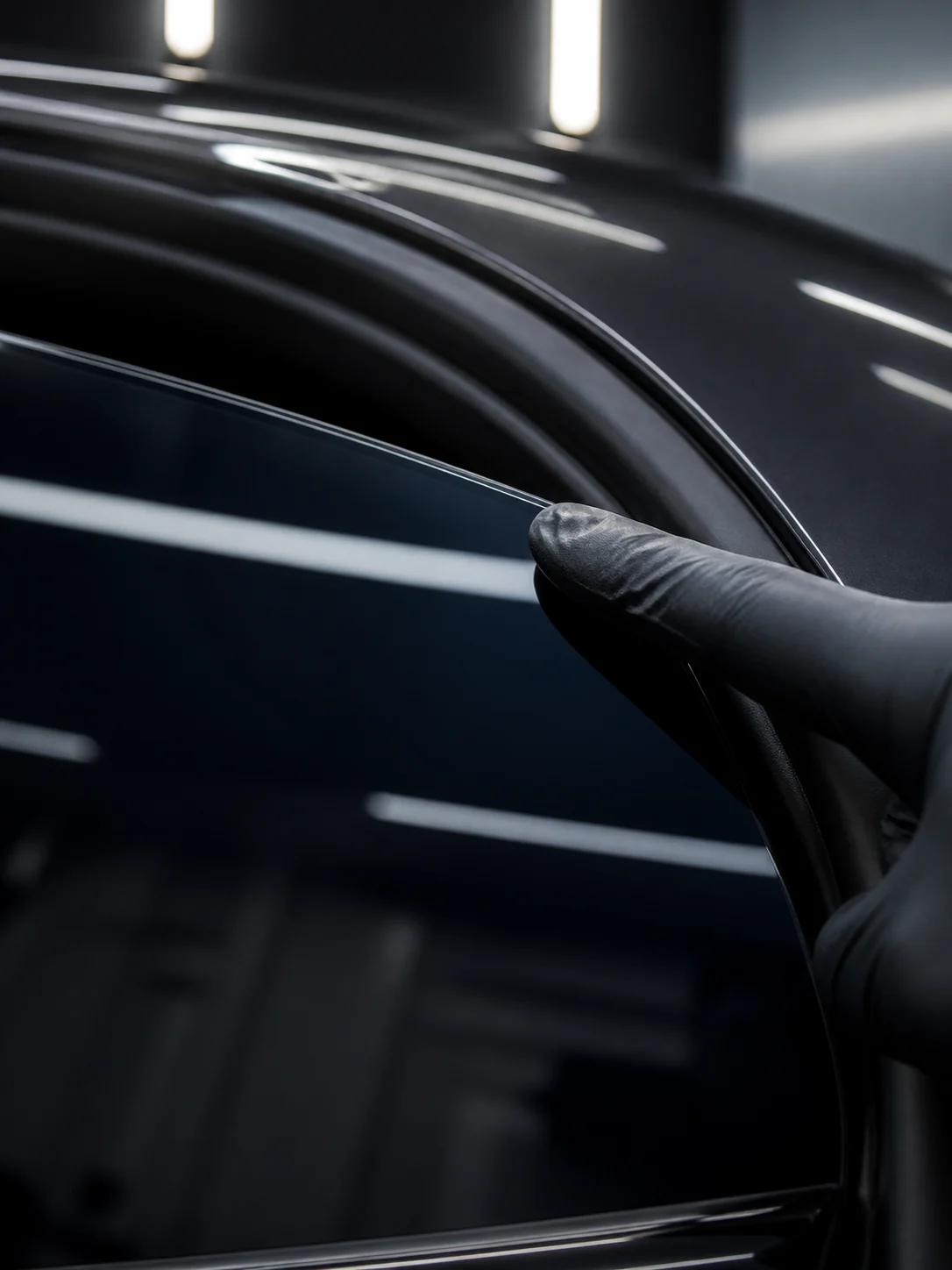 A technician inspecting the precise film edge on a smooth bubble-free tinted window