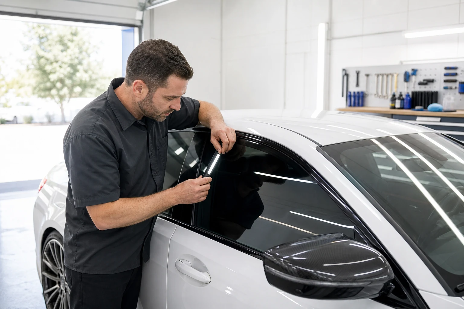 A tint installer inspecting the finished window edge on a white performance sedan