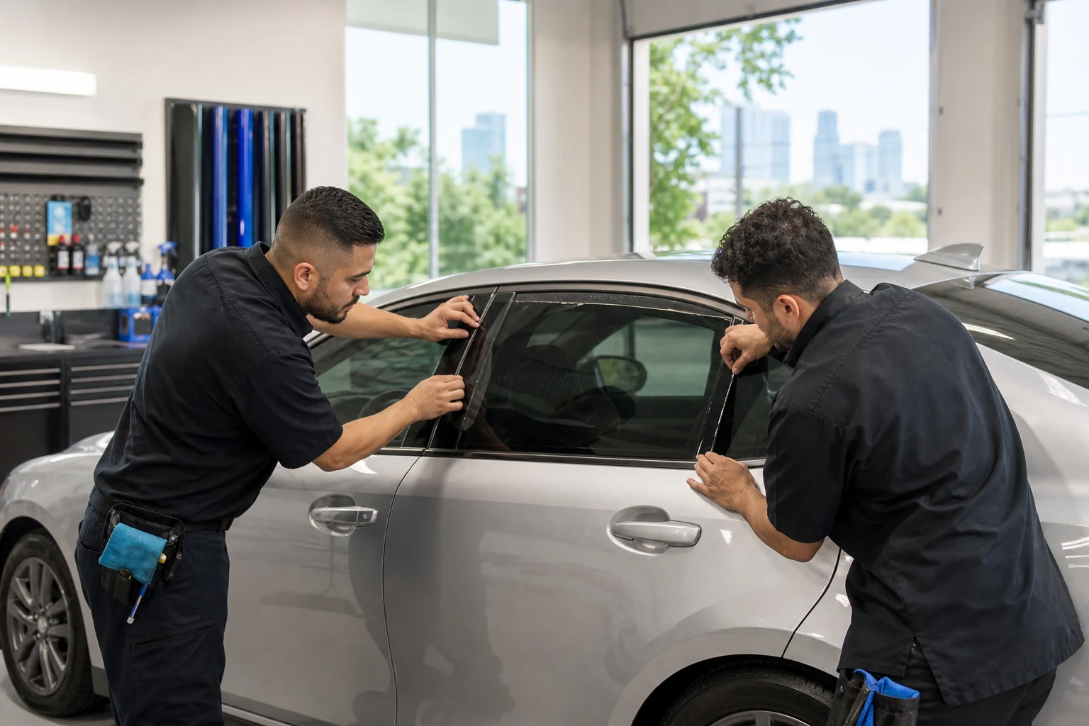 Two tint installers working together on a silver sedan in a bright workshop